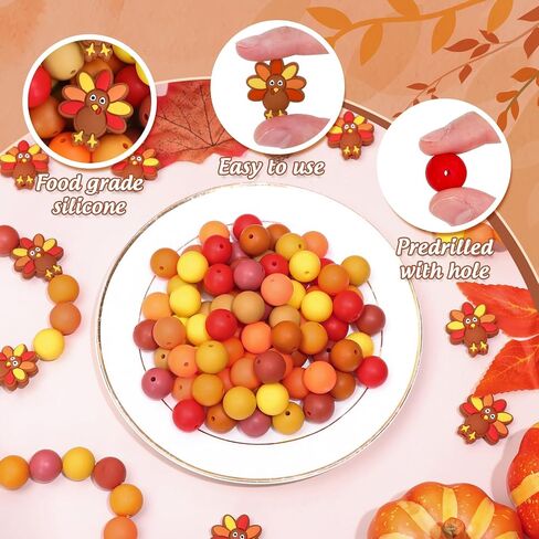 106pcs عيد الشكر سيليكون حبات بؤرية السقوط البرتقالي اللون البني الأصفر بني فضفاضة حبة مستديرة الفواصل لخريف DIY الحرف المجوهرات قلادة in Saudi Arabia