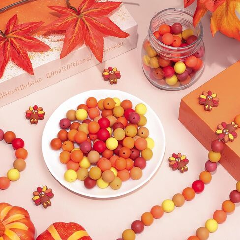 106pcs عيد الشكر سيليكون حبات بؤرية السقوط البرتقالي اللون البني الأصفر بني فضفاضة حبة مستديرة الفواصل لخريف DIY الحرف المجوهرات قلادة in Saudi Arabia