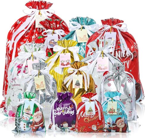 YAEYIA 38PCS Christmas Gift Bags, Holiday Gift Bags Set with Tags, Christmas Drawstring Bags with Festive Patterns，Jumbo/Extra Large/Large/Medium/Small Size in Saudi Arabia