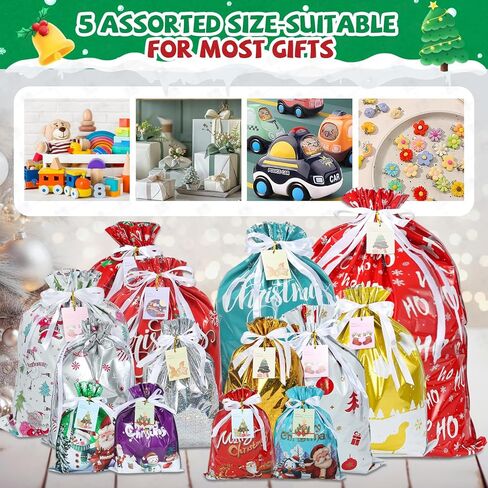 YAEYIA 38PCS Christmas Gift Bags, Holiday Gift Bags Set with Tags, Christmas Drawstring Bags with Festive Patterns，Jumbo/Extra Large/Large/Medium/Small Size in Saudi Arabia