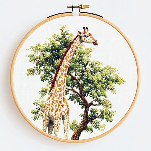 Cross Stitch Kits Counted Kit Cross-Stitching Pattern for Home Decor, 11CT Pre-Printed Fabric Embroidery Crafts Needlepoint Kit， Canvas 13.7 x13.7 inches (35x35cm)- Giraffe, Tree (P) 1 in Saudi Arabia