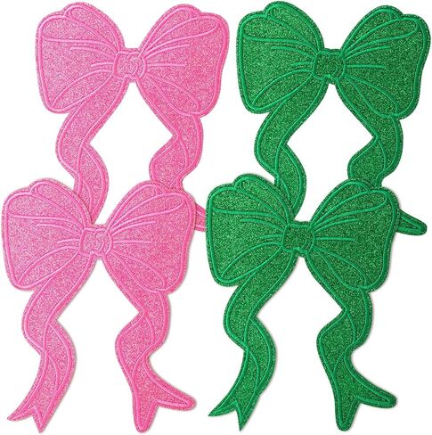4psc Glitter Large Bow Patches for Jackets, Sweatshirt Side Bowknot Embroidered Patch, Iron on/Sew on Bow Applique for Hoodies Shirts Pants Backpacks- Pink & Green in Saudi Arabia