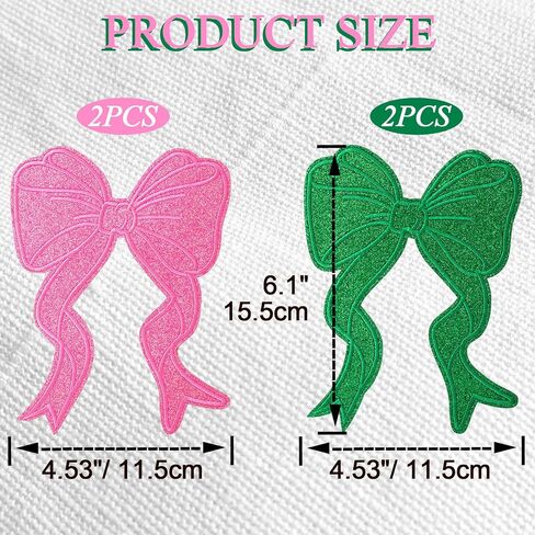 4psc Glitter Large Bow Patches for Jackets, Sweatshirt Side Bowknot Embroidered Patch, Iron on/Sew on Bow Applique for Hoodies Shirts Pants Backpacks- Pink & Green in Saudi Arabia