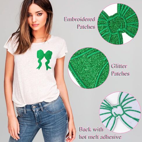 4psc Glitter Large Bow Patches for Jackets, Sweatshirt Side Bowknot Embroidered Patch, Iron on/Sew on Bow Applique for Hoodies Shirts Pants Backpacks- Pink & Green in Saudi Arabia