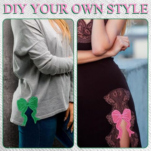 4psc Glitter Large Bow Patches for Jackets, Sweatshirt Side Bowknot Embroidered Patch, Iron on/Sew on Bow Applique for Hoodies Shirts Pants Backpacks- Pink & Green in Saudi Arabia