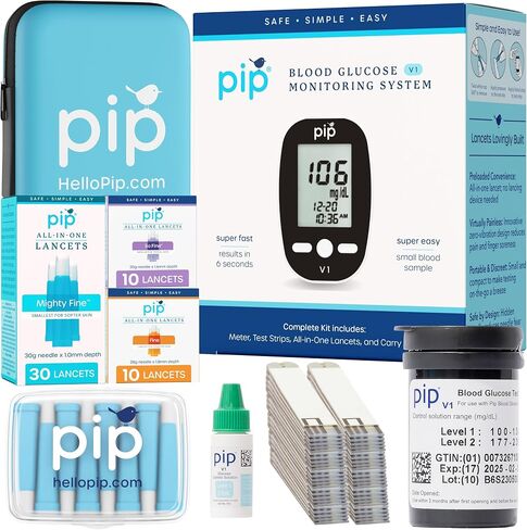 Pip Blood Glucose Monitor Travel Kit, 100 Glucometer Strips, 100 Lancets, 1 Blood Sugar Monitor, Blood Sugar Test Kit with Control Solution, Diabetes Travel Testing Kit, Pre-loaded Lancets in Saudi Arabia