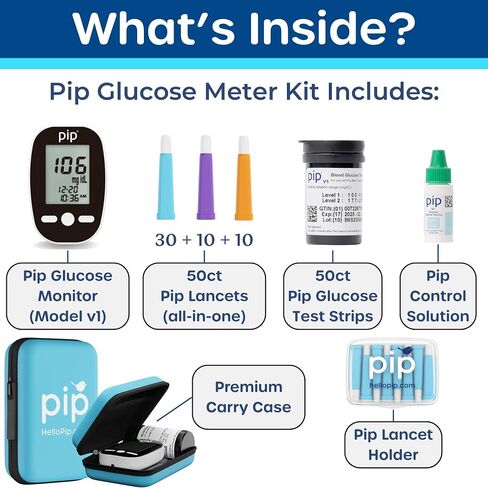 Pip Blood Glucose Monitor Travel Kit, 100 Glucometer Strips, 100 Lancets, 1 Blood Sugar Monitor, Blood Sugar Test Kit with Control Solution, Diabetes Travel Testing Kit, Pre-loaded Lancets in Saudi Arabia