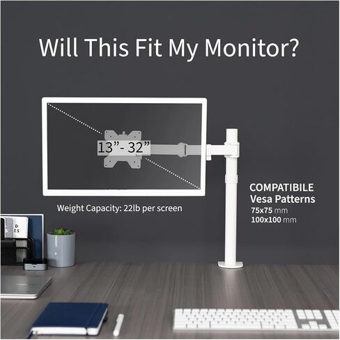 White Single Adjustable Monitor Desk Mount for 1 Computer Screen 38 Inch in Saudi Arabia