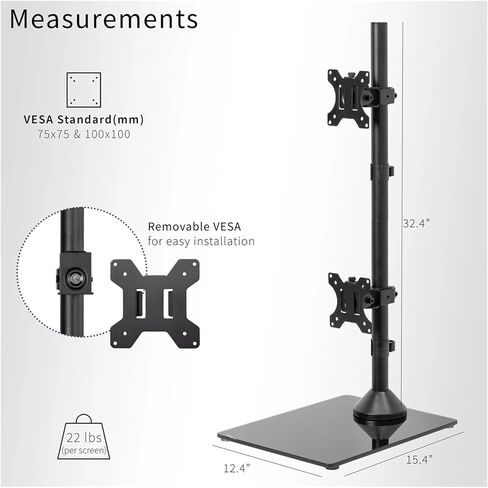 Dual Monitor Vertical Stand with Glass Base, Fits 2 Ultra-Wide Screens up to 34 Inches in Saudi Arabia