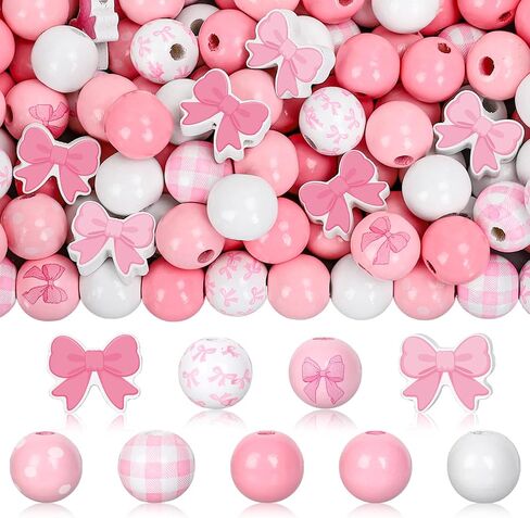 200Pcs Pink Bow Wooden Beads Cute Bowknot Shaped Wood Focal Beads Pink White Round Spot Plaid Craft Beads for Mother's Day Valentine's Day DIY Bracelet Necklace Making Supplies in Saudi Arabia