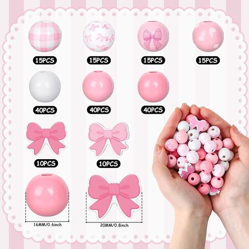 200Pcs Pink Bow Wooden Beads Cute Bowknot Shaped Wood Focal Beads Pink White Round Spot Plaid Craft Beads for Mother's Day Valentine's Day DIY Bracelet Necklace Making Supplies in Saudi Arabia