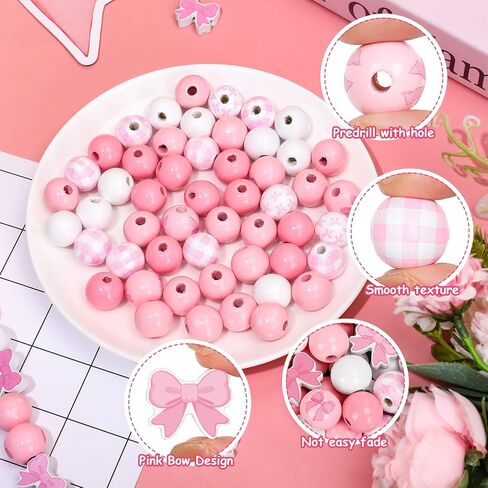 200Pcs Pink Bow Wooden Beads Cute Bowknot Shaped Wood Focal Beads Pink White Round Spot Plaid Craft Beads for Mother's Day Valentine's Day DIY Bracelet Necklace Making Supplies in Saudi Arabia