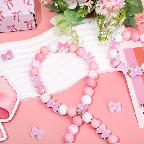 200Pcs Pink Bow Wooden Beads Cute Bowknot Shaped Wood Focal Beads Pink White Round Spot Plaid Craft Beads for Mother's Day Valentine's Day DIY Bracelet Necklace Making Supplies in Saudi Arabia