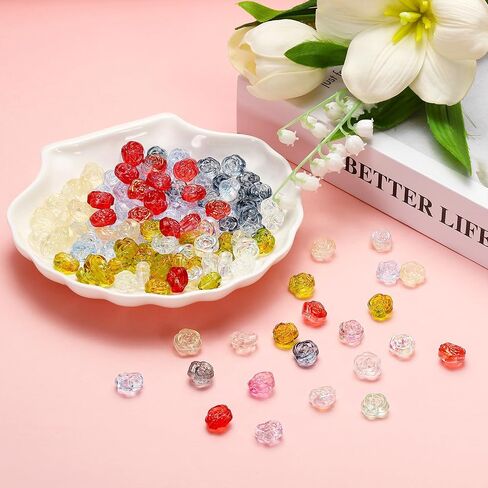 uxcell 50 Pcs Rose Beads, 0.55" Glass Flower Rose Charm Carved Loose Spacer Crystal Craft Beads for DIY Jewelry Making Bracelet Beading Projects Supplies, Green in Saudi Arabia
