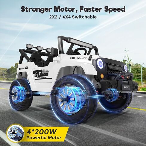 24V Ride On Truck for Big Kids, 2 Seater Electric Car w/Remote Control, 4WD/2WD Switchable, 4x200W Motor, Truck Bed Storage, LED Lights, Music, Bluetooth, Gifts for Boys Girls in Kuwait