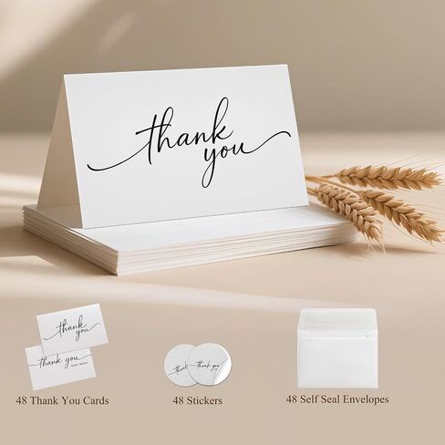 48 Pack Thank You Cards with White Envelopes and Matching Stickers,3x3.5 Inch Minimalistic Design,Printable, Mailing, suitable for Weddings, Business, Baby & Bridal Showers, Graduations & Funerals in Saudi Arabia