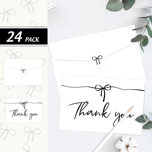 MATJOE 24Pack Bow Thank You Card Set with Envelopes and Stickers, 4×6Inch Black and White Bow Thank You Cards,Blank Note Cards for Weddings,Bridal Shower, Baby Showers,Birthday Party Supplies in Saudi Arabia