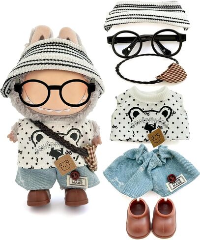17cm Doll Clothes, Cute Little Bear 6 Piece Outfits with Accessorie, Striped Hat, Glasses, Shirt with Bear Design, Jeans, Bag and Shoes in Saudi Arabia