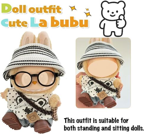 17cm Doll Clothes, Cute Little Bear 6 Piece Outfits with Accessorie, Striped Hat, Glasses, Shirt with Bear Design, Jeans, Bag and Shoes in Saudi Arabia