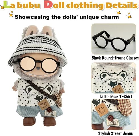 17cm Doll Clothes, Cute Little Bear 6 Piece Outfits with Accessorie, Striped Hat, Glasses, Shirt with Bear Design, Jeans, Bag and Shoes in Saudi Arabia