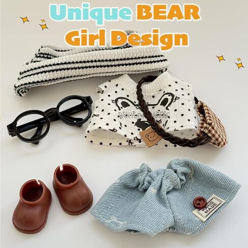 17cm Doll Clothes, Cute Little Bear 6 Piece Outfits with Accessorie, Striped Hat, Glasses, Shirt with Bear Design, Jeans, Bag and Shoes in Saudi Arabia