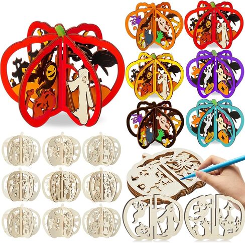 Yalikop 72 PCS Halloween Wooden Crafts Kits مجموعة 24 قرع DIY 3D شرائح خشبية غير مكتملة تلوين قطع خشبية فارغة للطلاء لديكور صينية الهالوين (4.72 × 4 بوصات ، قطة اليقطين الشبح) in Kuwait