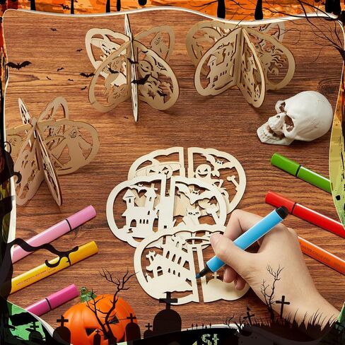 Yalikop 72 PCS Halloween Wooden Crafts Kits مجموعة 24 قرع DIY 3D شرائح خشبية غير مكتملة تلوين قطع خشبية فارغة للطلاء لديكور صينية الهالوين (4.72 × 4 بوصات ، قطة اليقطين الشبح) in Kuwait