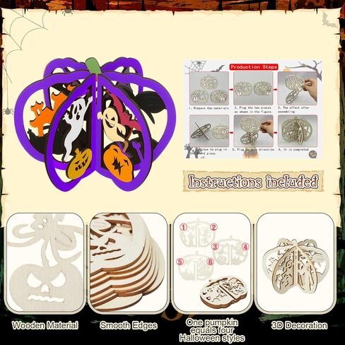 Yalikop 72 PCS Halloween Wooden Crafts Kits مجموعة 24 قرع DIY 3D شرائح خشبية غير مكتملة تلوين قطع خشبية فارغة للطلاء لديكور صينية الهالوين (4.72 × 4 بوصات ، قطة اليقطين الشبح) in Kuwait