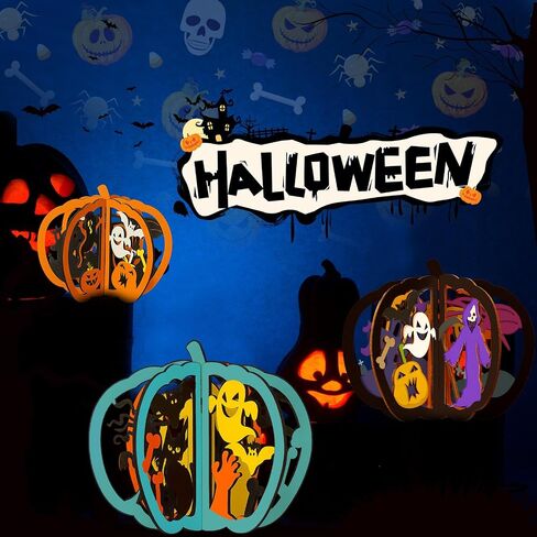 Yalikop 72 PCS Halloween Wooden Crafts Kits مجموعة 24 قرع DIY 3D شرائح خشبية غير مكتملة تلوين قطع خشبية فارغة للطلاء لديكور صينية الهالوين (4.72 × 4 بوصات ، قطة اليقطين الشبح) in Kuwait