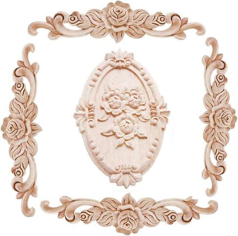 Wood Carved Applique Onlay Unpainted Corner Onlay Applique Door Cabinet Rose Unpainted European Style (20x5cm/7.87x1.97inch+21cm x 15cm/8.27 x 5.91inch) in Kuwait