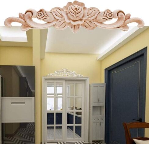Wood Carved Applique Onlay Unpainted Corner Onlay Applique Door Cabinet Rose Unpainted European Style (20x5cm/7.87x1.97inch+21cm x 15cm/8.27 x 5.91inch) in Kuwait
