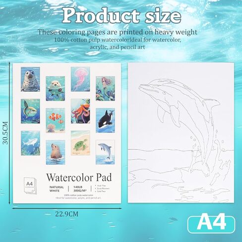 كتاب التلوين المائي RGBMIX 12 ورقة حيوانات البحر 9x12 '' 'Watercoloring Paper PAD BOOT Watercolor للبالغين لطلاء الإجهاد اللوحة اللوازم الفنية المثالية للمبتدئين 100 ٪ من الورق القطن in Kuwait