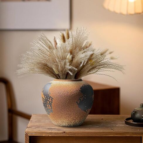 GeLive White Rustic Vase Round Vintage Ceramic Vase Moon Jar Jingdezhen Handmade Pottery Wabi Sabi Vase Fresh and Dried Flower Vase Table Centerpiece Vase Glossy Finish Farmhouse Home Decor in Kuwait