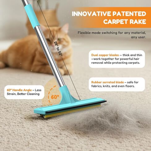 3 In 1 Carpet Rake for Pet Hair Removal with Long & Short Handle and Rubber Detail Brush, Carpet Brush for Pet Hair, Deep Cleaning Pet Hair Removal Broom for Carpets Couches Rugs Bed Furniture in Saudi Arabia