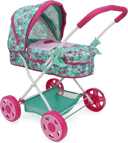 509 Crew: Mint Heart - Daisy Doll Pram - Pink & Green ، Bassinet ، سلة تخزين ، مظلة قابلة للسحب ، طي ، ملحق ، لعبة Play Play ، Kids 3+ in Saudi Arabia