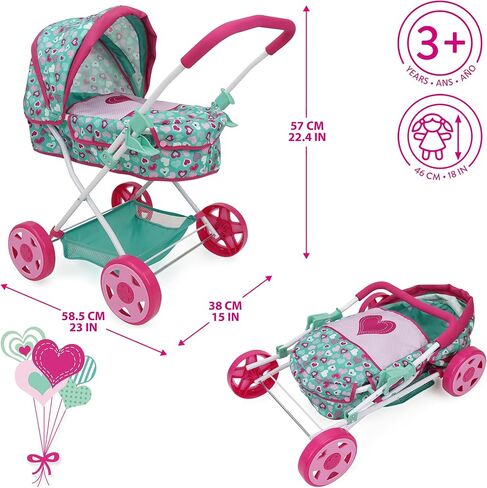 509 Crew: Mint Heart - Daisy Doll Pram - Pink & Green ، Bassinet ، سلة تخزين ، مظلة قابلة للسحب ، طي ، ملحق ، لعبة Play Play ، Kids 3+ in Saudi Arabia