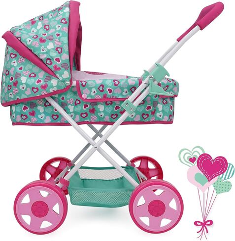 509 Crew: Mint Heart - Daisy Doll Pram - Pink & Green ، Bassinet ، سلة تخزين ، مظلة قابلة للسحب ، طي ، ملحق ، لعبة Play Play ، Kids 3+ in Saudi Arabia