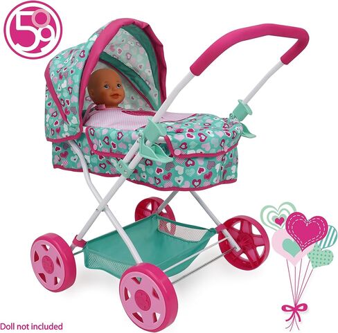 509 Crew: Mint Heart - Daisy Doll Pram - Pink & Green ، Bassinet ، سلة تخزين ، مظلة قابلة للسحب ، طي ، ملحق ، لعبة Play Play ، Kids 3+ in Saudi Arabia