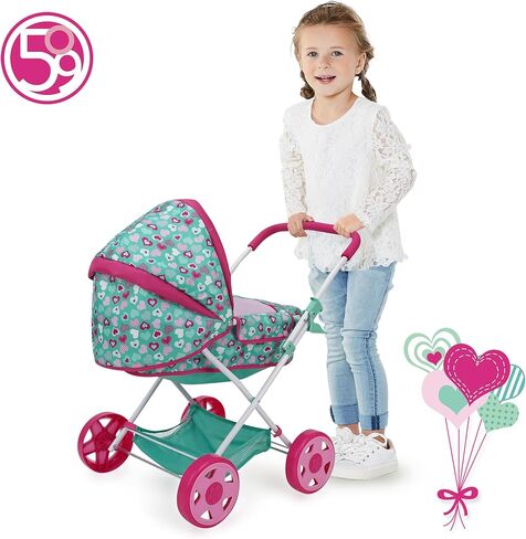 509 Crew: Mint Heart - Daisy Doll Pram - Pink & Green ، Bassinet ، سلة تخزين ، مظلة قابلة للسحب ، طي ، ملحق ، لعبة Play Play ، Kids 3+ in Saudi Arabia