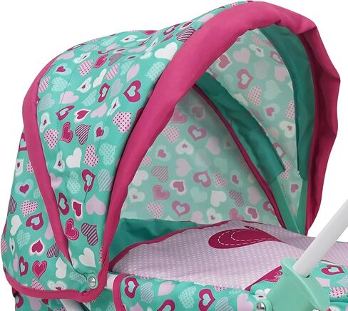 509 Crew: Mint Heart - Daisy Doll Pram - Pink & Green ، Bassinet ، سلة تخزين ، مظلة قابلة للسحب ، طي ، ملحق ، لعبة Play Play ، Kids 3+ in Saudi Arabia