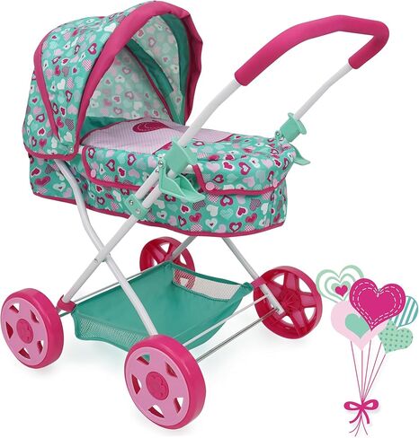 509 Crew: Mint Heart - Daisy Doll Pram - Pink & Green ، Bassinet ، سلة تخزين ، مظلة قابلة للسحب ، طي ، ملحق ، لعبة Play Play ، Kids 3+ in Saudi Arabia