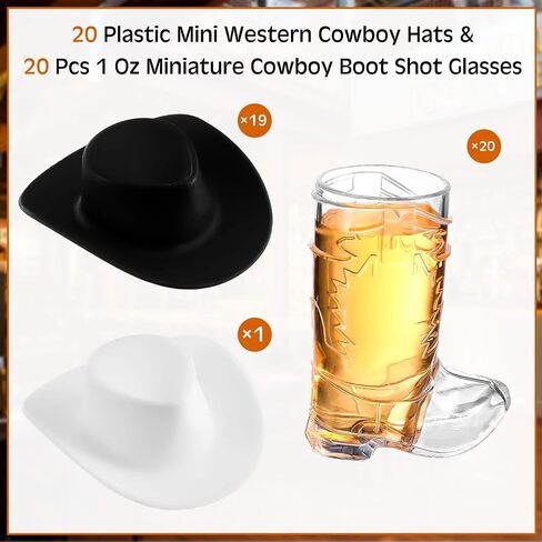 Sumind 40 Pieces Cowboy Cowgirl Party Decorations Supplies Included 20 Pcs Plastic Mini Western Hats Shaped Cup Lids and 20 Pcs 1 oz Miniature Cowboy Boot Shot Shaped Wine Glasses in Saudi Arabia