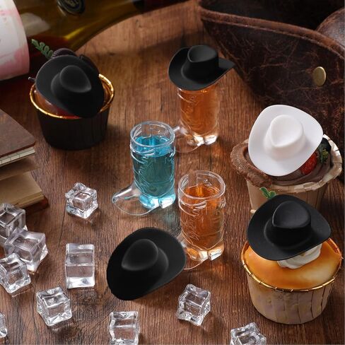 Sumind 40 Pieces Cowboy Cowgirl Party Decorations Supplies Included 20 Pcs Plastic Mini Western Hats Shaped Cup Lids and 20 Pcs 1 oz Miniature Cowboy Boot Shot Shaped Wine Glasses in Saudi Arabia