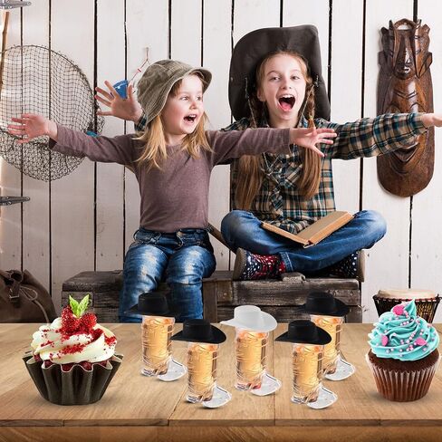 Sumind 40 Pieces Cowboy Cowgirl Party Decorations Supplies Included 20 Pcs Plastic Mini Western Hats Shaped Cup Lids and 20 Pcs 1 oz Miniature Cowboy Boot Shot Shaped Wine Glasses in Saudi Arabia