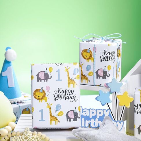 Wrapaholic 1st عيد ميلاد الورق ورقة - 6 أوراق تصميم حيوان لطيف مطوية مسطح لعيد الميلاد ، الحفلات ، استحمام الأطفال - 19.7 بوصة × 27.5 بوصة لكل ورقة in Saudi Arabia