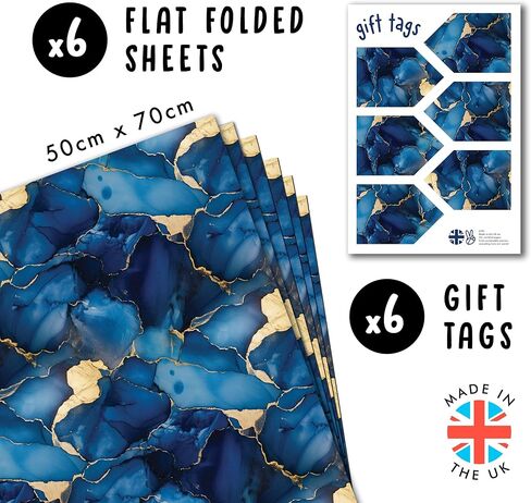 Central 23 Blue و Gold Wrapp Paper - 6 صفائح من التفاف الهدايا الأنيق - ورق الرخام - لقضاء عطلة عيد ميلاد عيد الميلاد - يأتي مع ملصقات in Kuwait