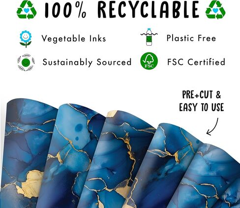 Central 23 Blue و Gold Wrapp Paper - 6 صفائح من التفاف الهدايا الأنيق - ورق الرخام - لقضاء عطلة عيد ميلاد عيد الميلاد - يأتي مع ملصقات in Kuwait
