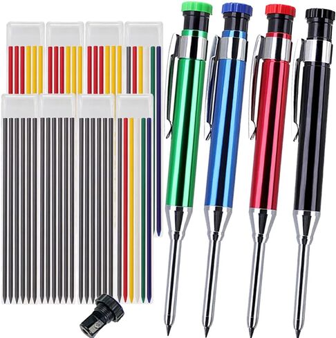 Professional multi-color aluminum woodworking pencil set -3 sizes (2/3/4 pieces)+mixed lead core+additional sharpener, suitable for woodworking and metal marking (Black, red, blue, green) in Saudi Arabia