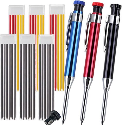 Professional multi-color aluminum woodworking pencil set -3 sizes (2/3/4 pieces)+mixed lead core+additional sharpener, suitable for woodworking and metal marking (Black, red, blue, green) in Saudi Arabia