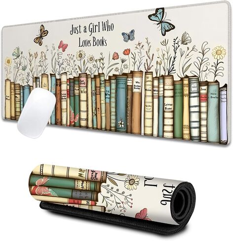 Just a Girl Who Loves Books Large Gaming Desk Mat,Rubber Non-Slip Floral and Butterfly Mouse Pad,31.5x11.8x0.12in Extended Book Mousepad,Game Lover Mice Pads Gifts,Office Home Deskmat Decor in Kuwait